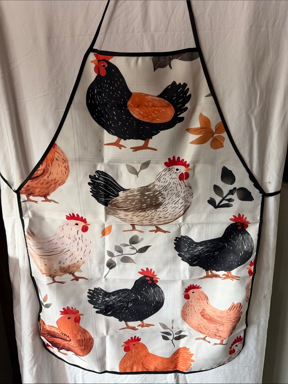 Kitchen Apron with Multicolor Chicken Print - White